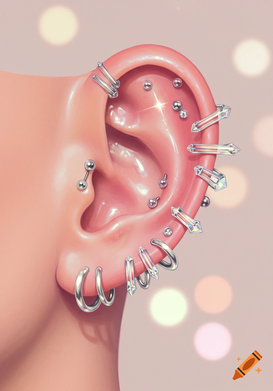 Stylized illustration of an ear adorned with numerous silver and clear crystal piercings against a soft pink background.