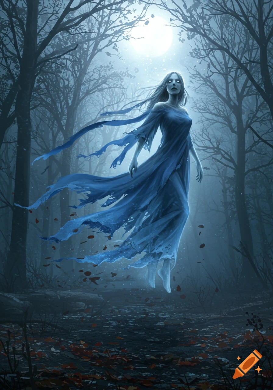 A pale ghost woman in a tattered blue gown floats in a dark, misty forest under a full moon.