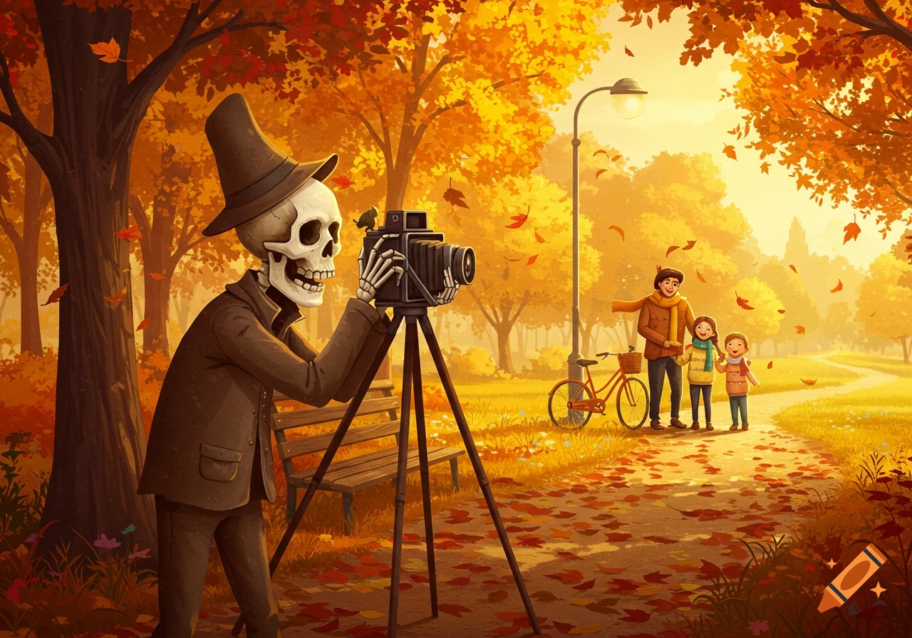 An illustrated skeleton photographer in a hat takes a photo of a smiling family in a vibrant autumn park with falling leaves.