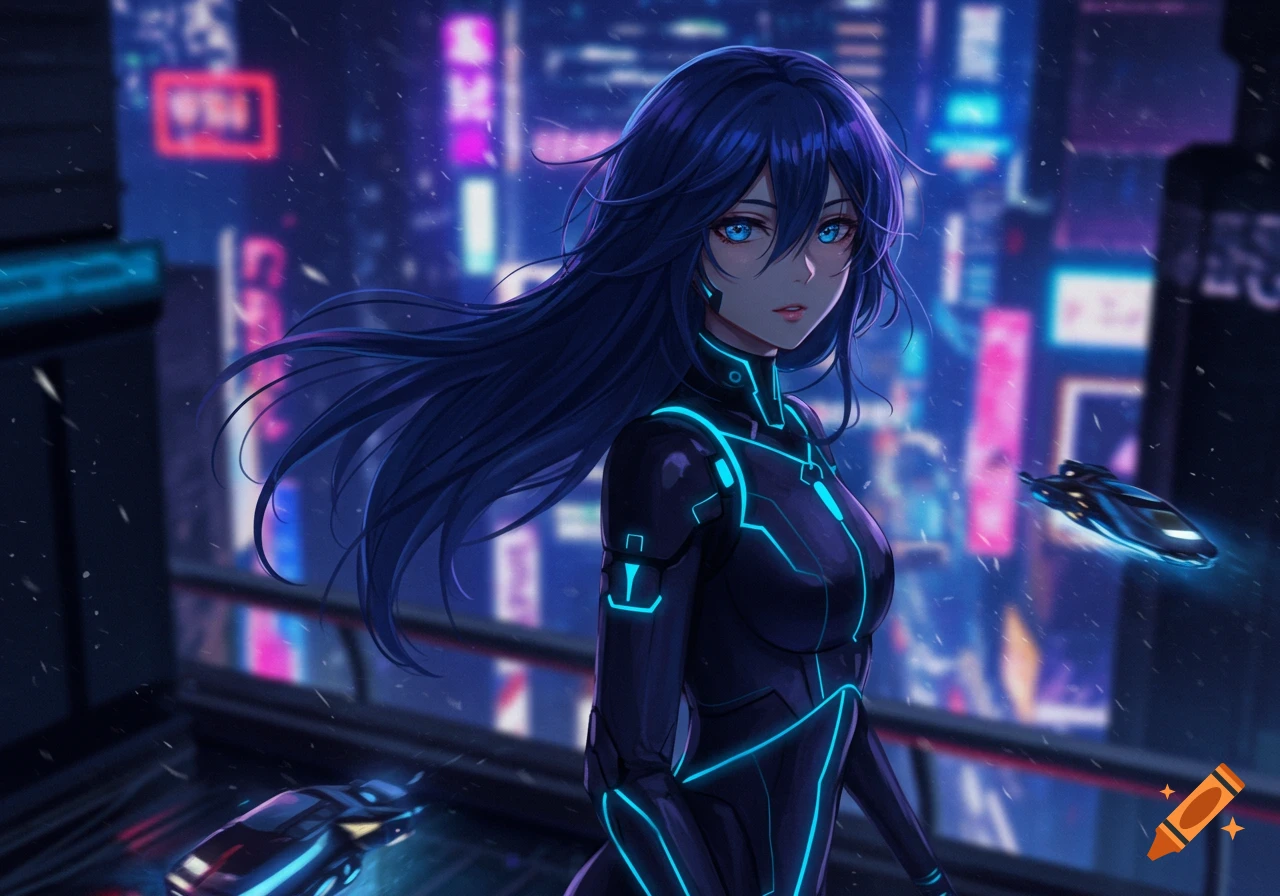 An anime woman with long blue hair and glowing blue eyes wears a black suit with glowing blue lines, standing in a futuristic cyberpunk city at night with neon signs.