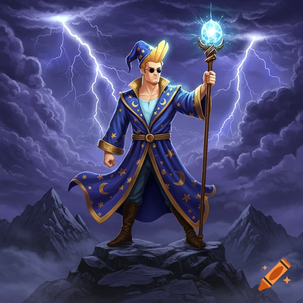 Cartoon wizard resembling Johnny Bravo on a mountain peak, holding a glowing staff under a stormy, lightning-filled sky.