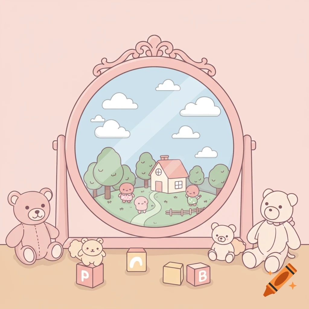 A pastel vector illustration of a dressing mirror surrounded by teddy bears and letter blocks, reflecting a whimsical world with a house, trees, and cute characters.