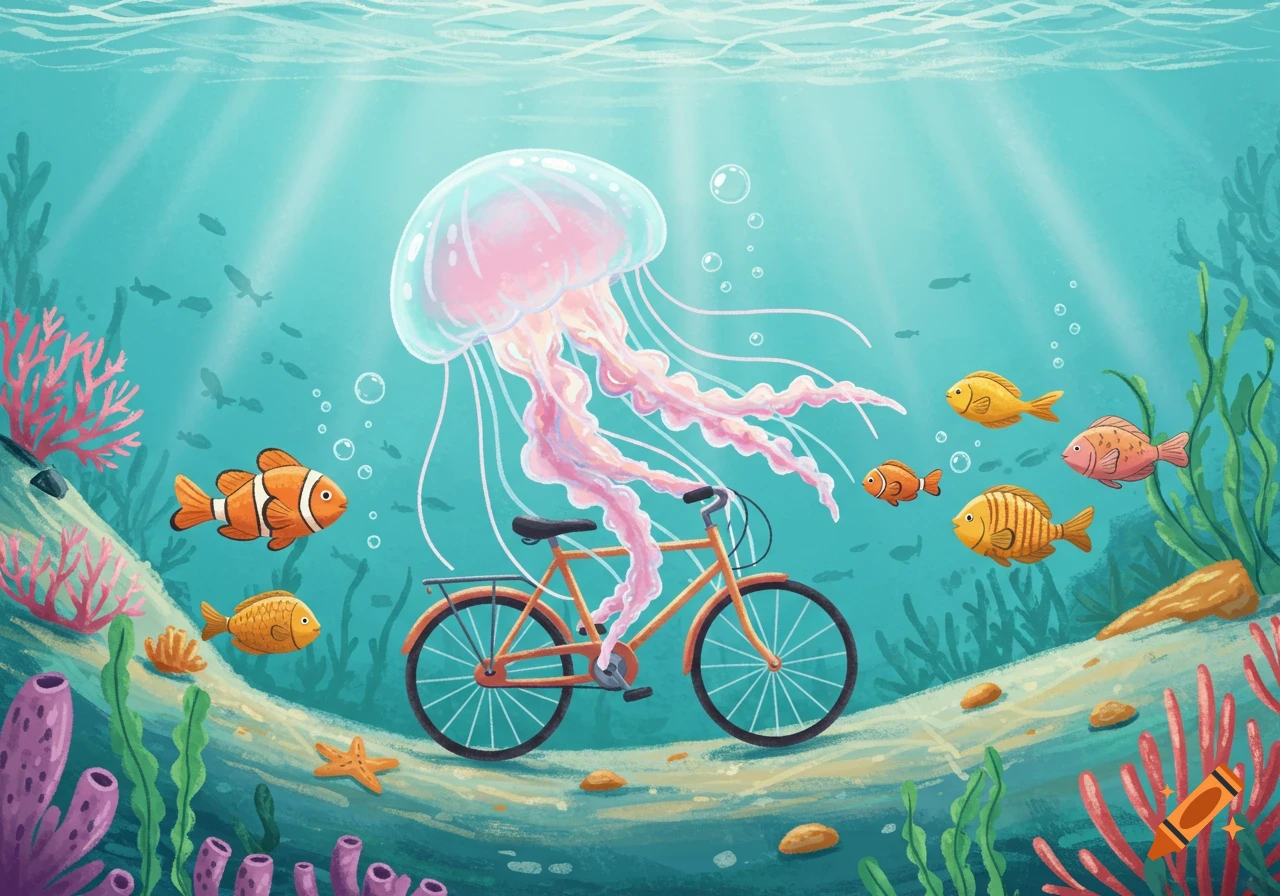 A cartoon underwater scene with a pink jellyfish floating above an orange bicycle, surrounded by colorful fish and coral.