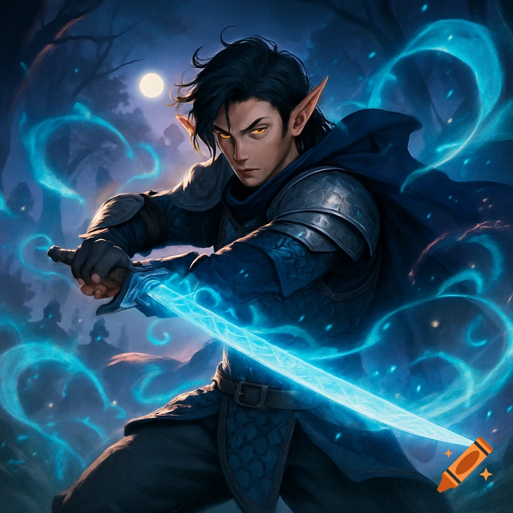 A half-elf warrior with glowing orange eyes in dark armor holds a luminous blue sword, surrounded by magic in a moonlit forest.