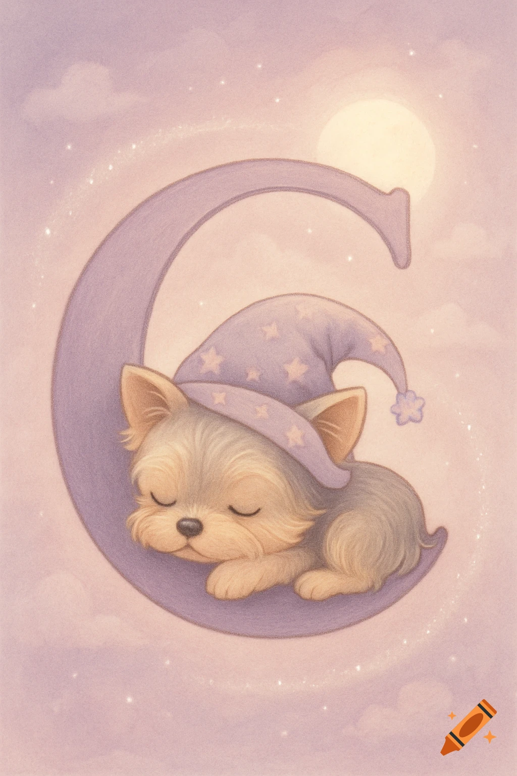 A whimsical pastel illustration of a cute Yorkshire terrier puppy in a nightcap, sleeping on a large purple letter 'C' under a full moon.