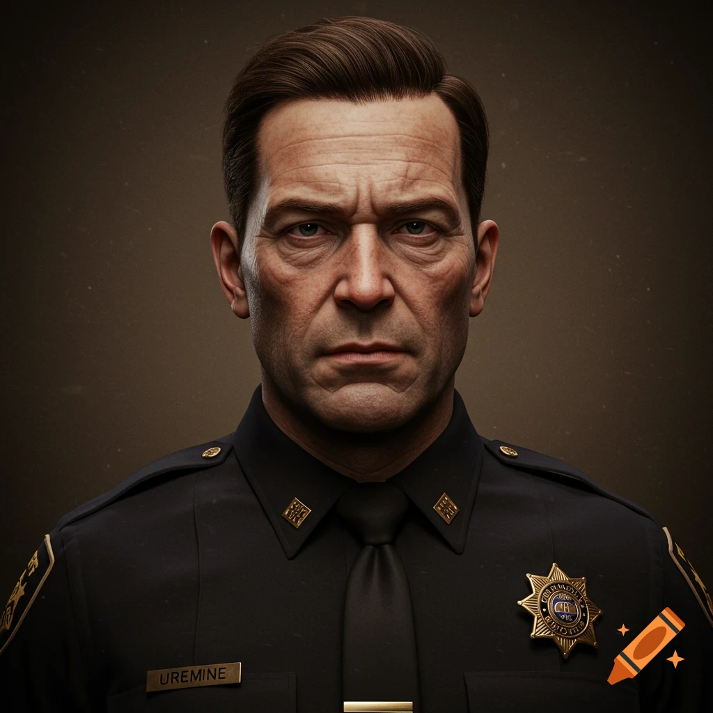 Close-up portrait of a serious, middle-aged police officer in a dark uniform with a name tag and badge, looking directly ahead.