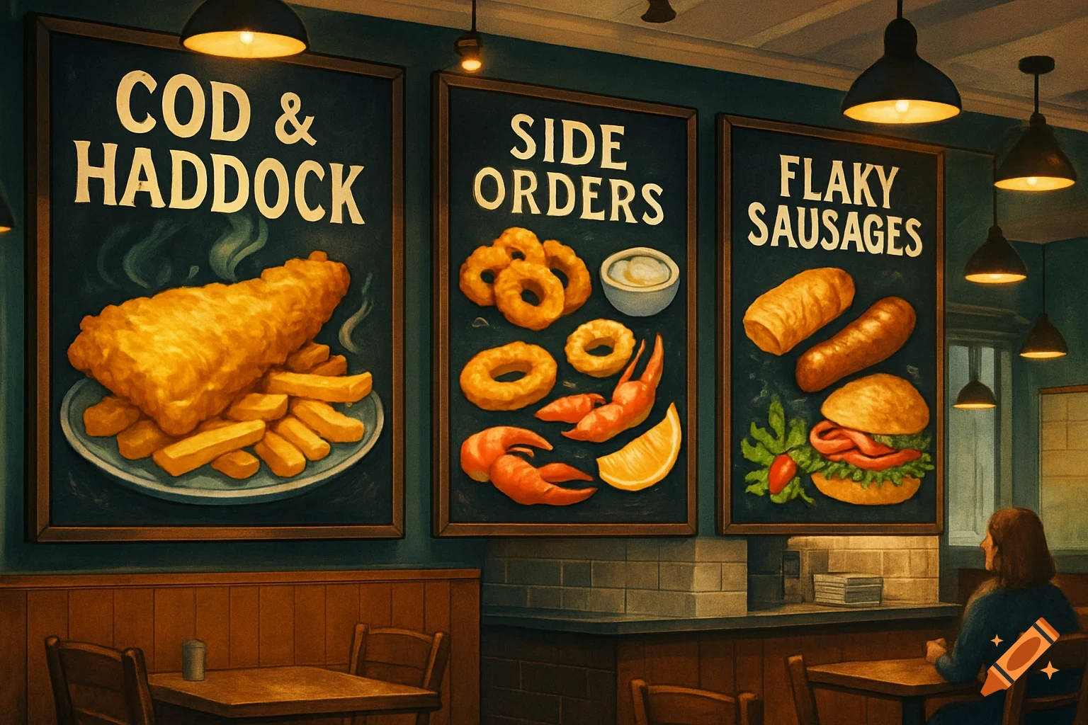 An illustrative scene inside a fish and chips restaurant, showing menu boards with food items and a customer at a table.