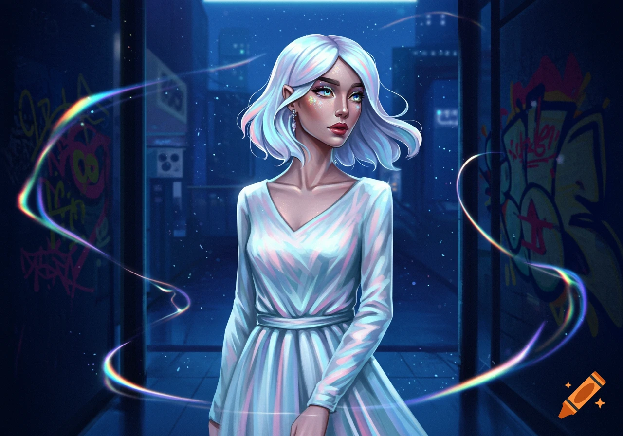 A stylized digital art portrait of a woman with white hair and shimmering makeup, wearing a light-colored dress, standing in a dark, neon-lit city street with graffiti.
