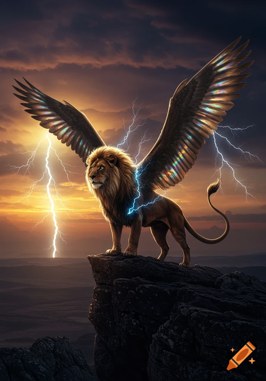 A majestic winged lion stands on a rocky cliff as lightning strikes across a dramatic, stormy sunset sky.