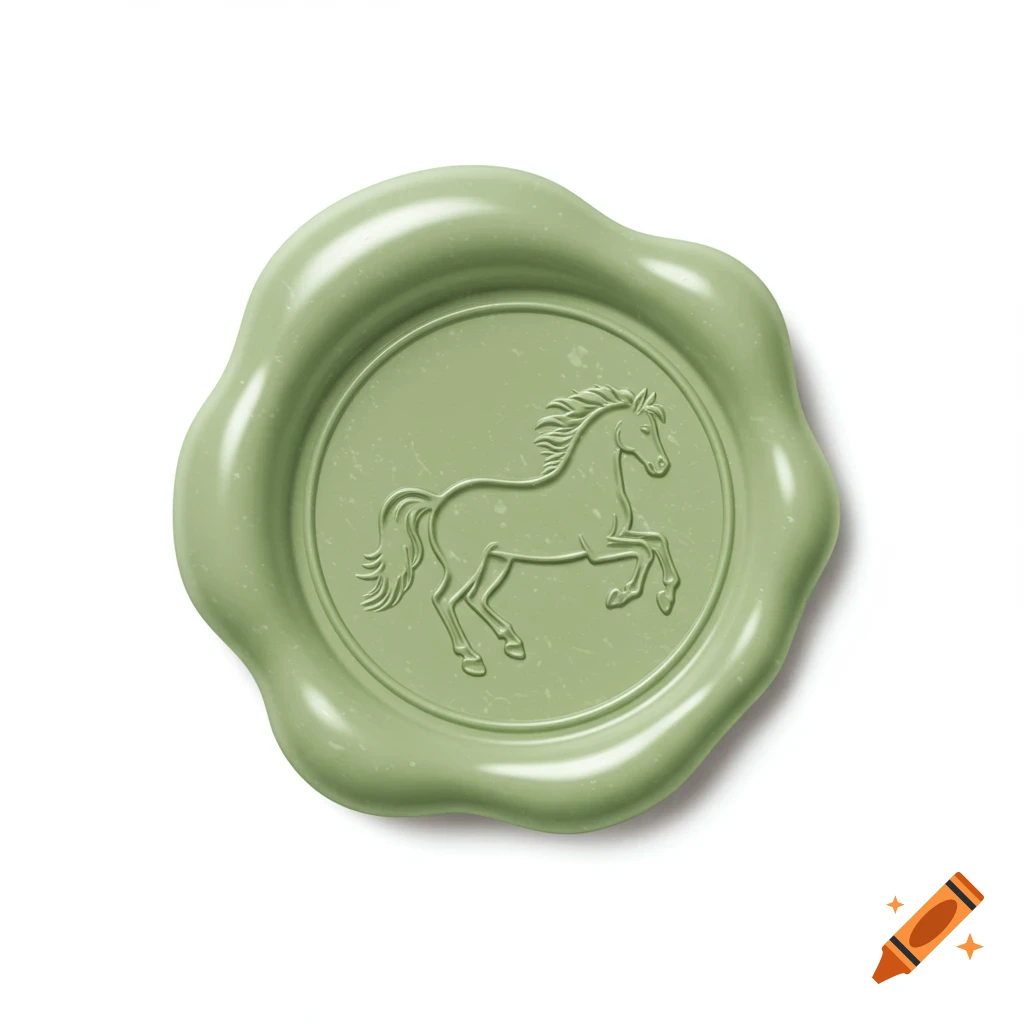 Pale green wax seal with an embossed horse in the center, on a pure white background.