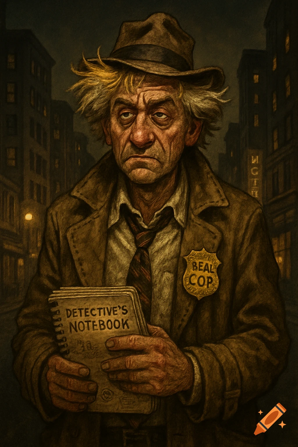 A disheveled detective in a fedora and trench coat holds a notebook, standing on a dark city street. Illustrated in a gritty, film noir style.