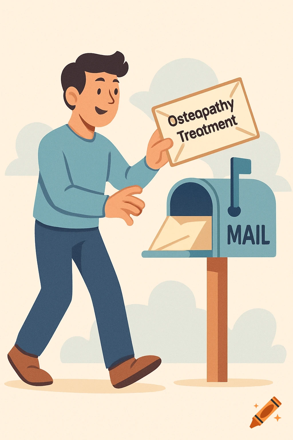 A cartoon man in blue puts a letter labeled "Osteopathy Treatment" into a blue mailbox with "MAIL" on it.
