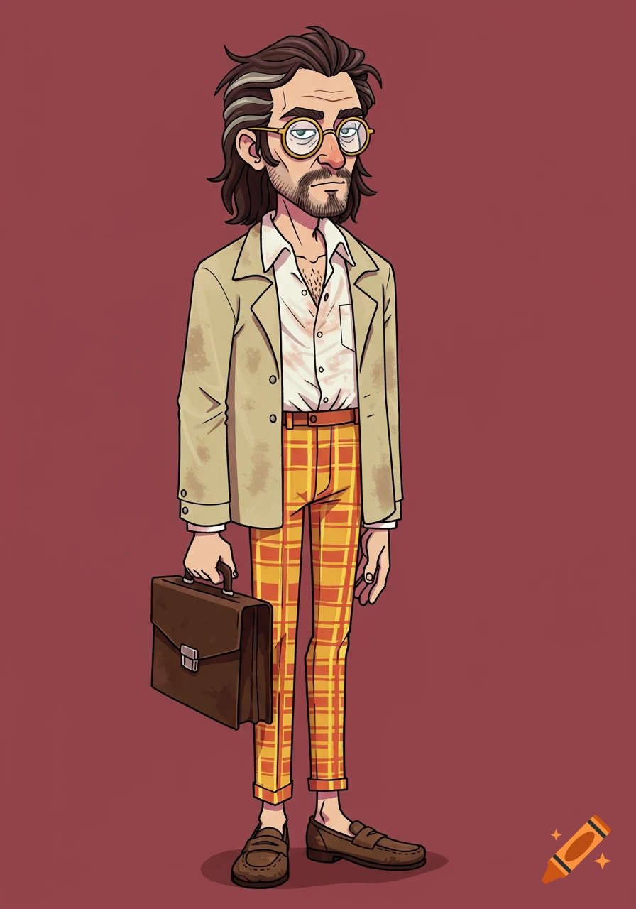A cartoon man with a beard, glasses, beige jacket, plaid yellow and red trousers, and brown loafers, holding a briefcase.
