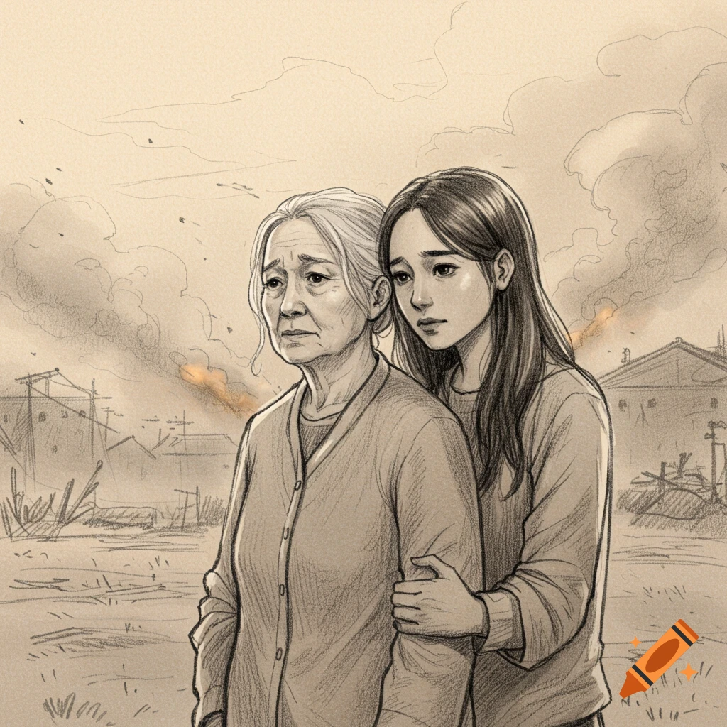 Pencil sketch of an older woman and younger woman looking distressed in a devastated landscape with smoke and destroyed buildings.
