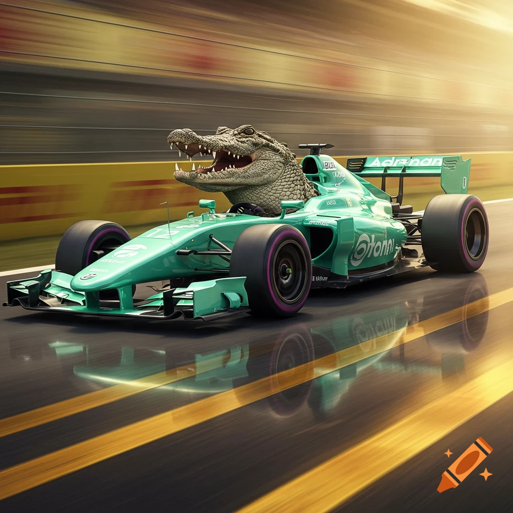 A large alligator with an open mouth drives a teal green Formula 1 race car down a track, with motion blur in the background.