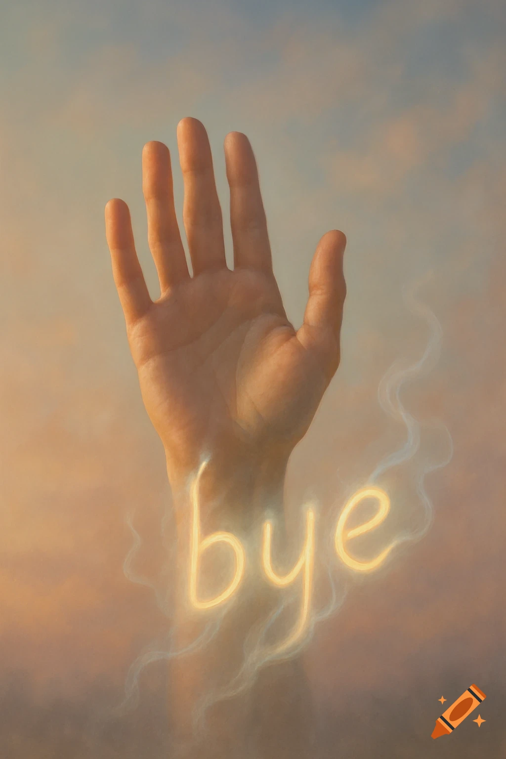 A human hand waves goodbye against a cloudy sky, with the word 'bye' glowing beneath it.