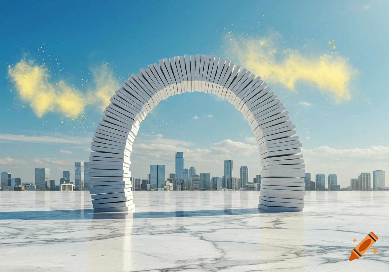 An abstract archway made of white rectangular blocks stands on a marble surface, with a city skyline in the background and yellow clouds in a blue sky.
