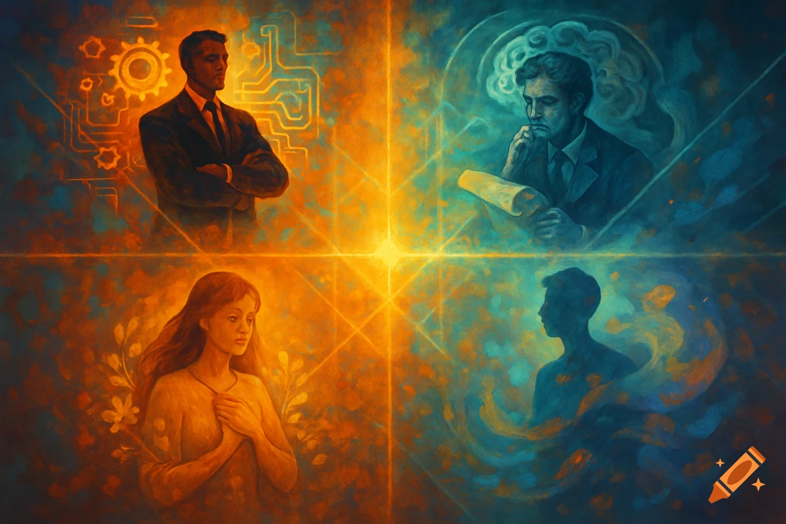 Conceptual art, four panels: man with circuitry (orange), man thinking (blue), woman with foliage (orange), and silhouette (blue), depicting personality types.