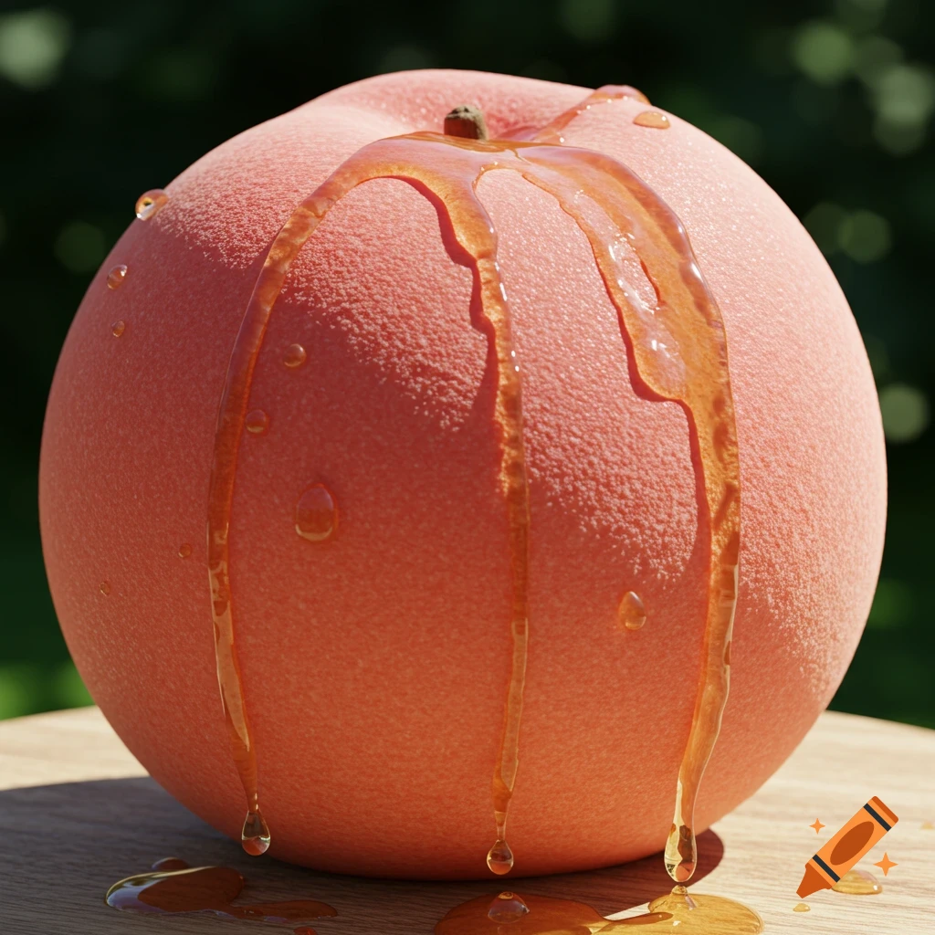 A ripe peach with clear juice dripping down its fuzzy surface onto a wooden table, against a blurred green background.