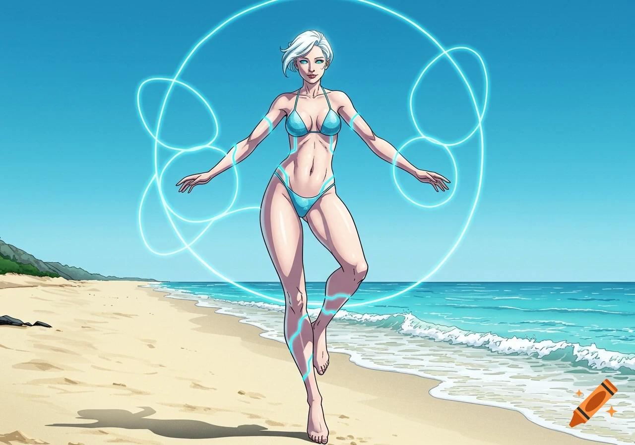 A white-haired superheroine in a blue futuristic bikini with glowing accents stands on a beach with energy fields. Comic art style.