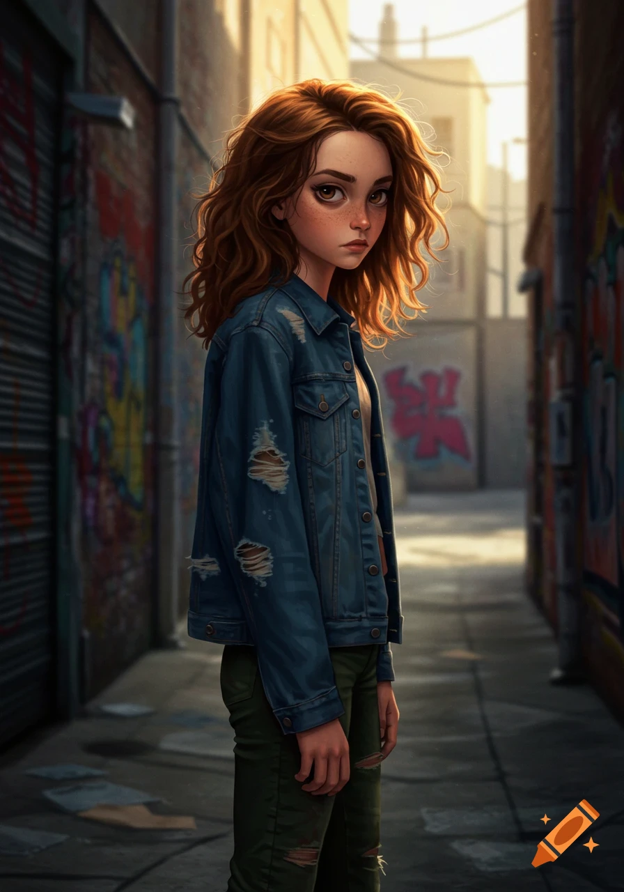 A stylized illustration of a girl with long wavy brown hair, a ripped denim jacket, and dark green torn pants, standing in a graffiti-covered alleyway.