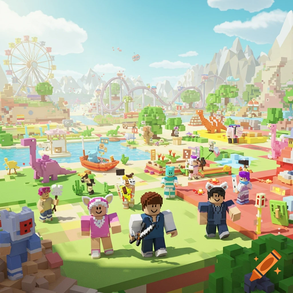 Blocky characters in a vibrant voxel art world with a Ferris wheel, roller coaster, river, and mountains.