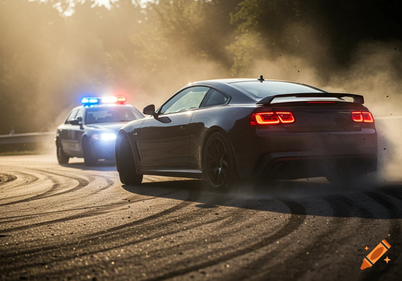 A dark sports car drifts on a dusty road, leaving tire marks, with a police car in pursuit with flashing lights.