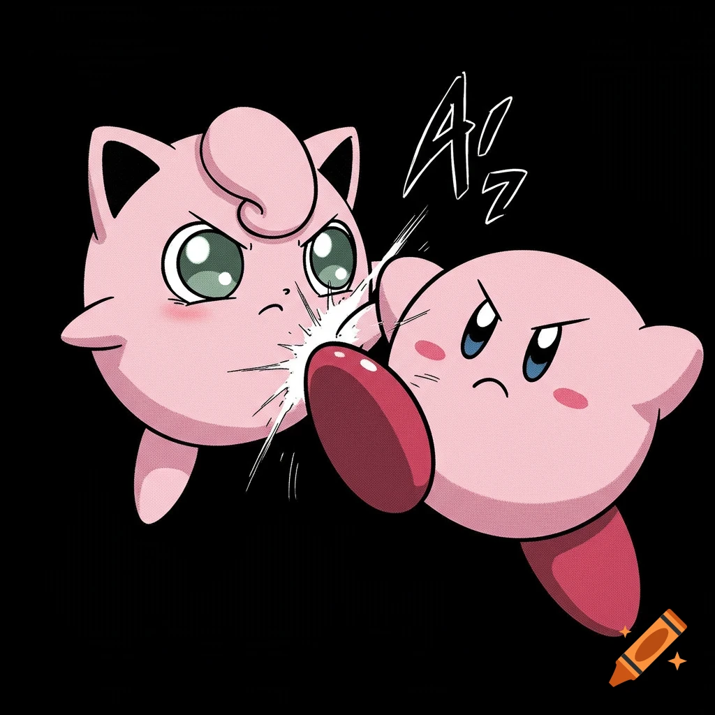 Kirby kicks Jigglypuff in the face in an anime manga style on a black background.