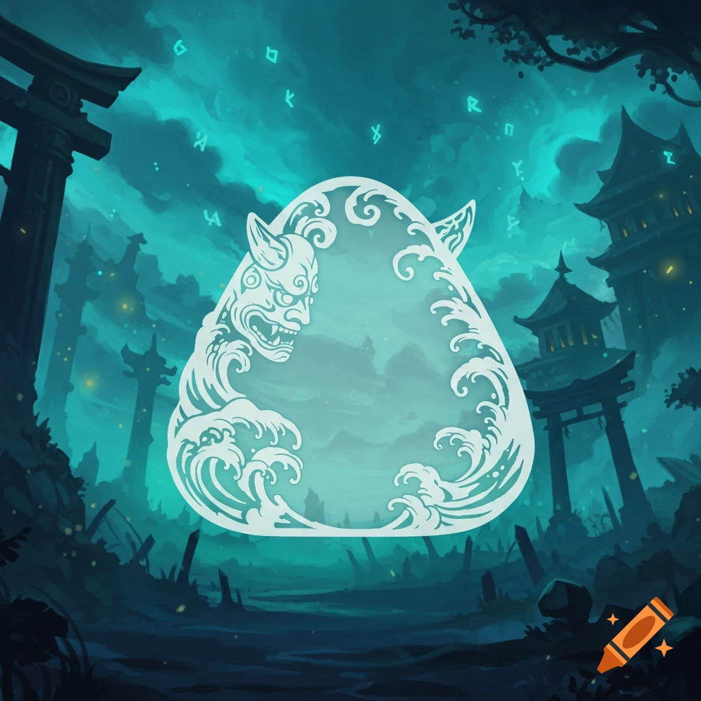 Mystical teal background with Japanese temples and faint runes, featuring a central white onigiri outline decorated with an oni mask and waves.