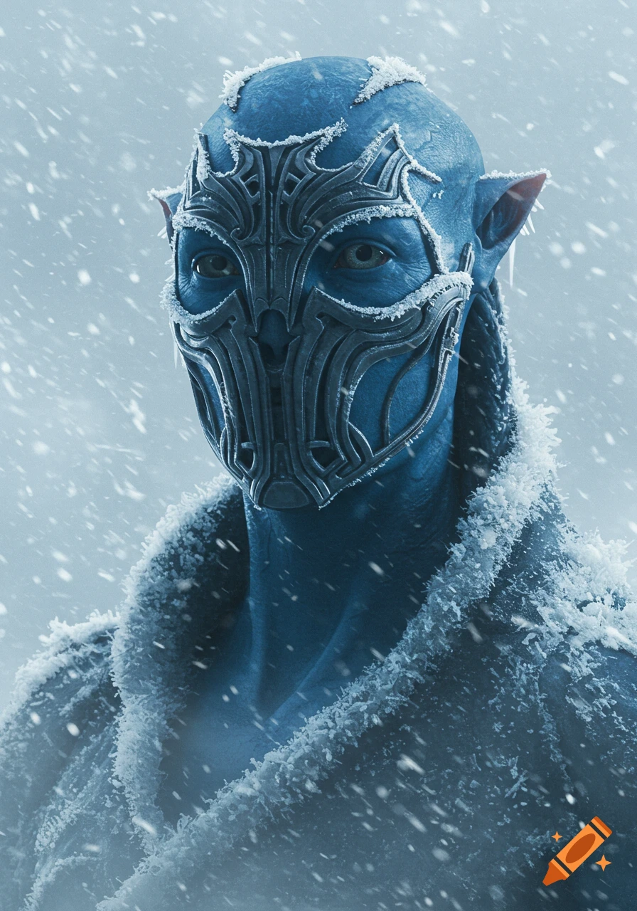 Close-up portrait of a blue-skinned alien creature wearing an intricate metal mask, covered in frost and snow, in a cold, foggy environment.