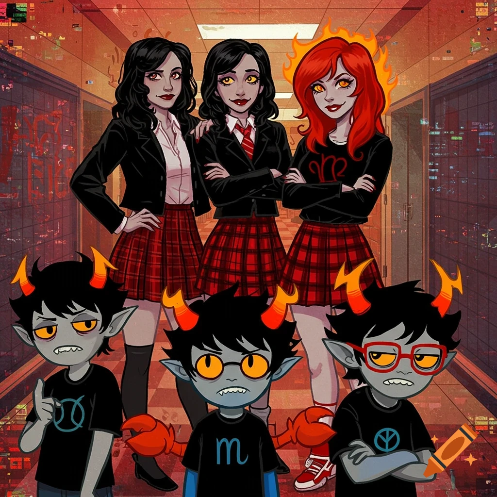 An edgy, stylized illustration featuring three women in school uniforms and three grey-skinned trolls with horns, set in a high school hallway.