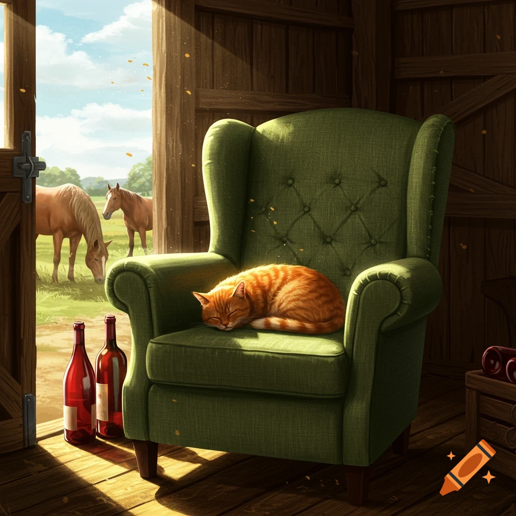 A ginger cat sleeps curled on a green tufted armchair inside a sunlit barn, with two horses grazing outside.