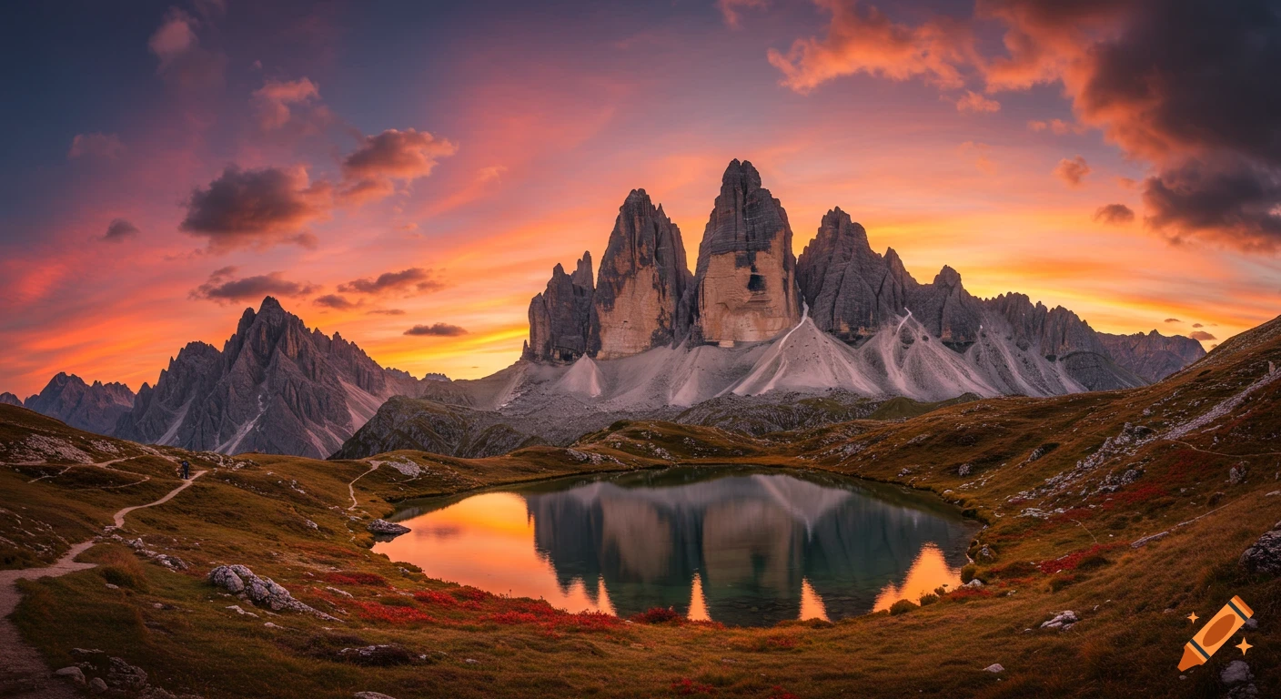 Photorealistic mountain landscape with a lake reflecting a vibrant orange and pink sunset sky over rugged peaks.