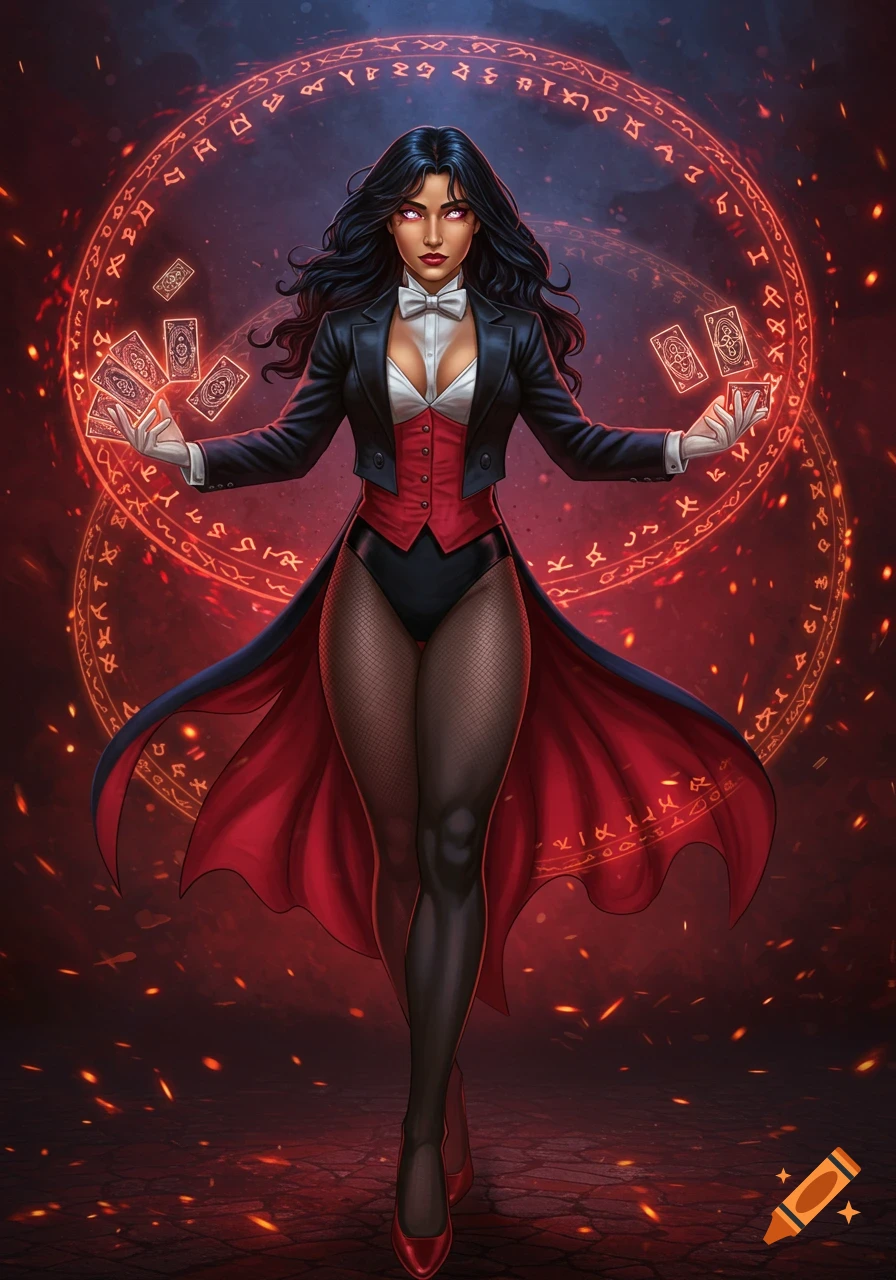 A stylized fantasy art illustration of a powerful female magician in a tuxedo and leotard, with glowing red eyes, levitating playing cards amidst a background of magical runes.