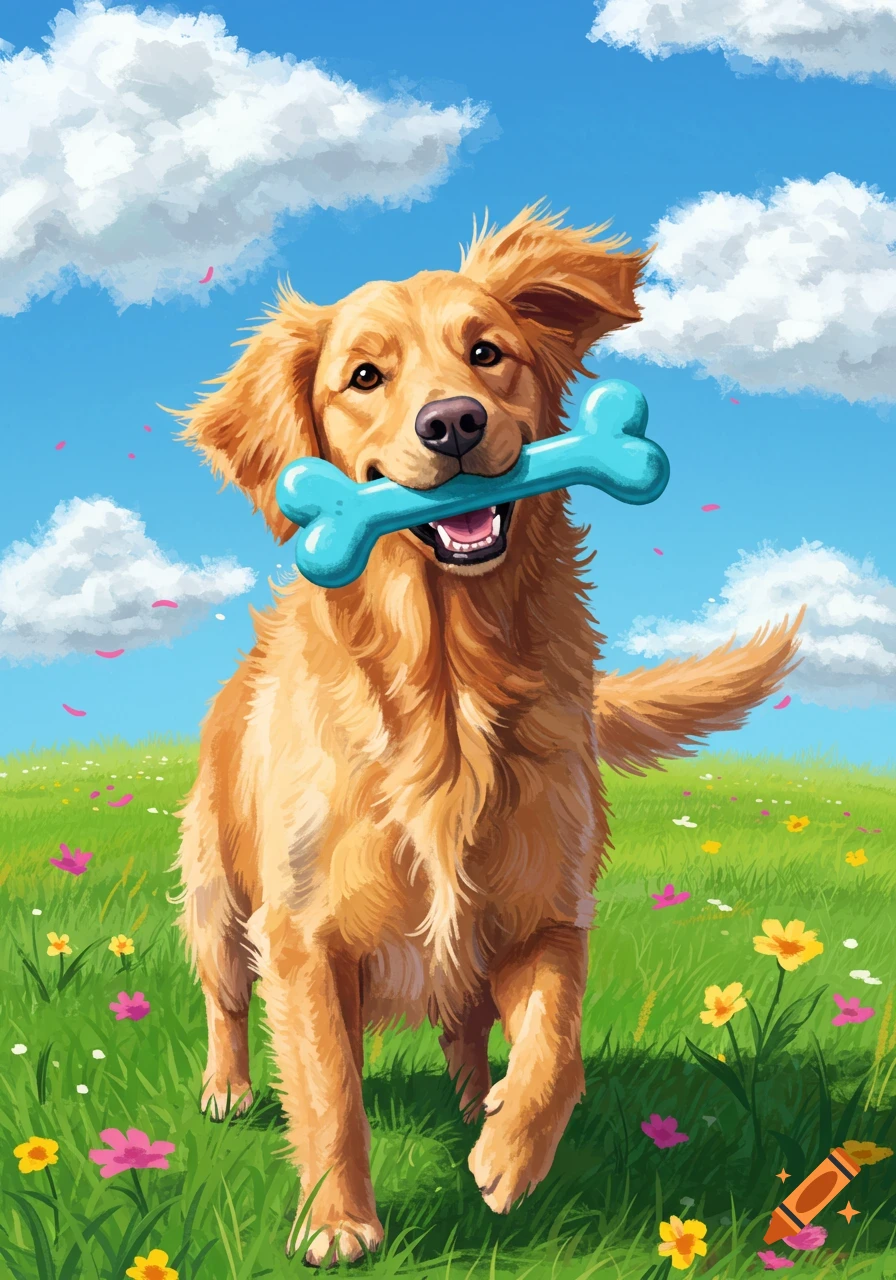 A happy golden retriever with a blue bone in its mouth runs through a sunny field of colorful flowers, illustration.