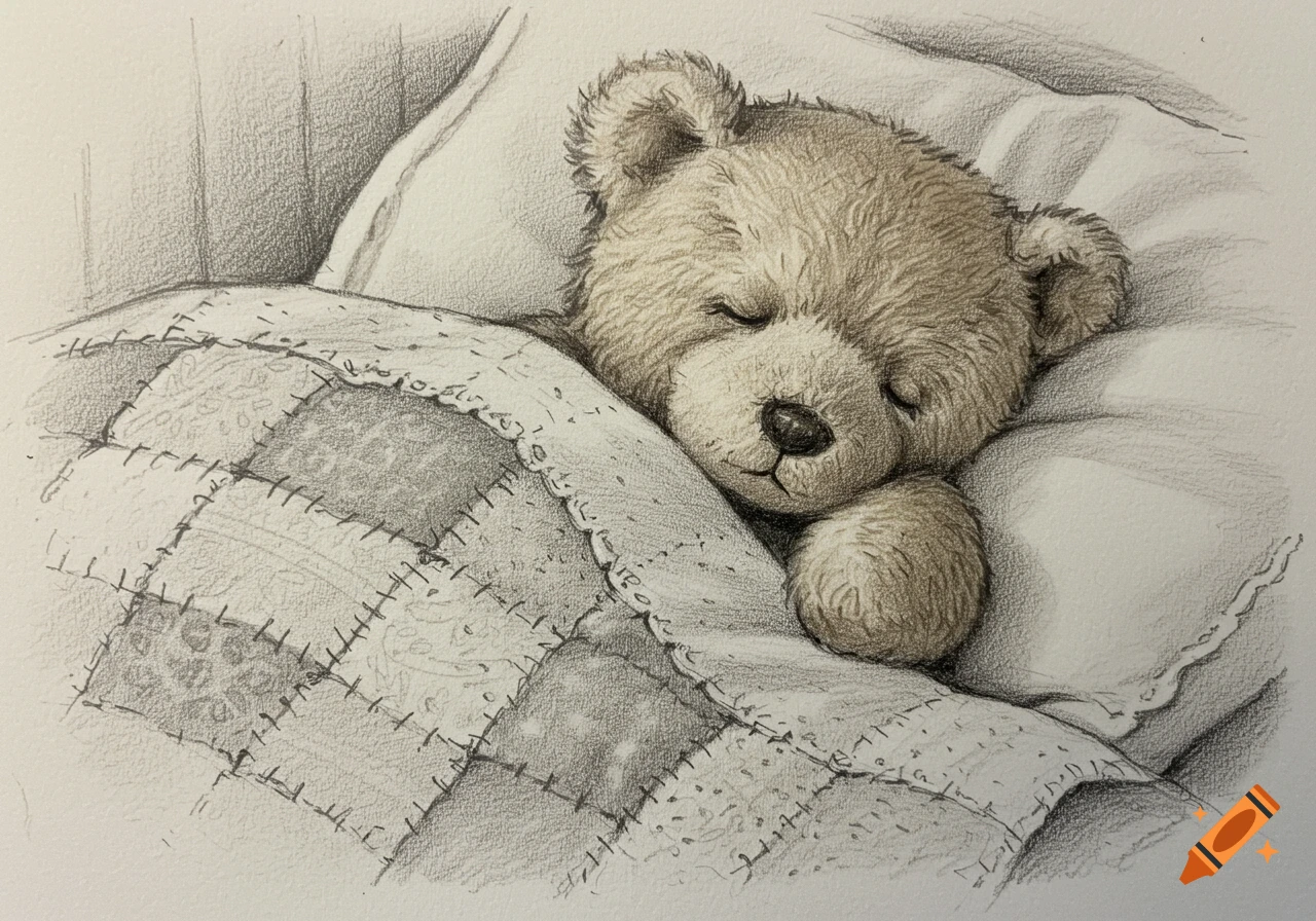 A tender pencil sketch of a fuzzy teddy bear sleeping peacefully under a patchwork quilt on a pillow.