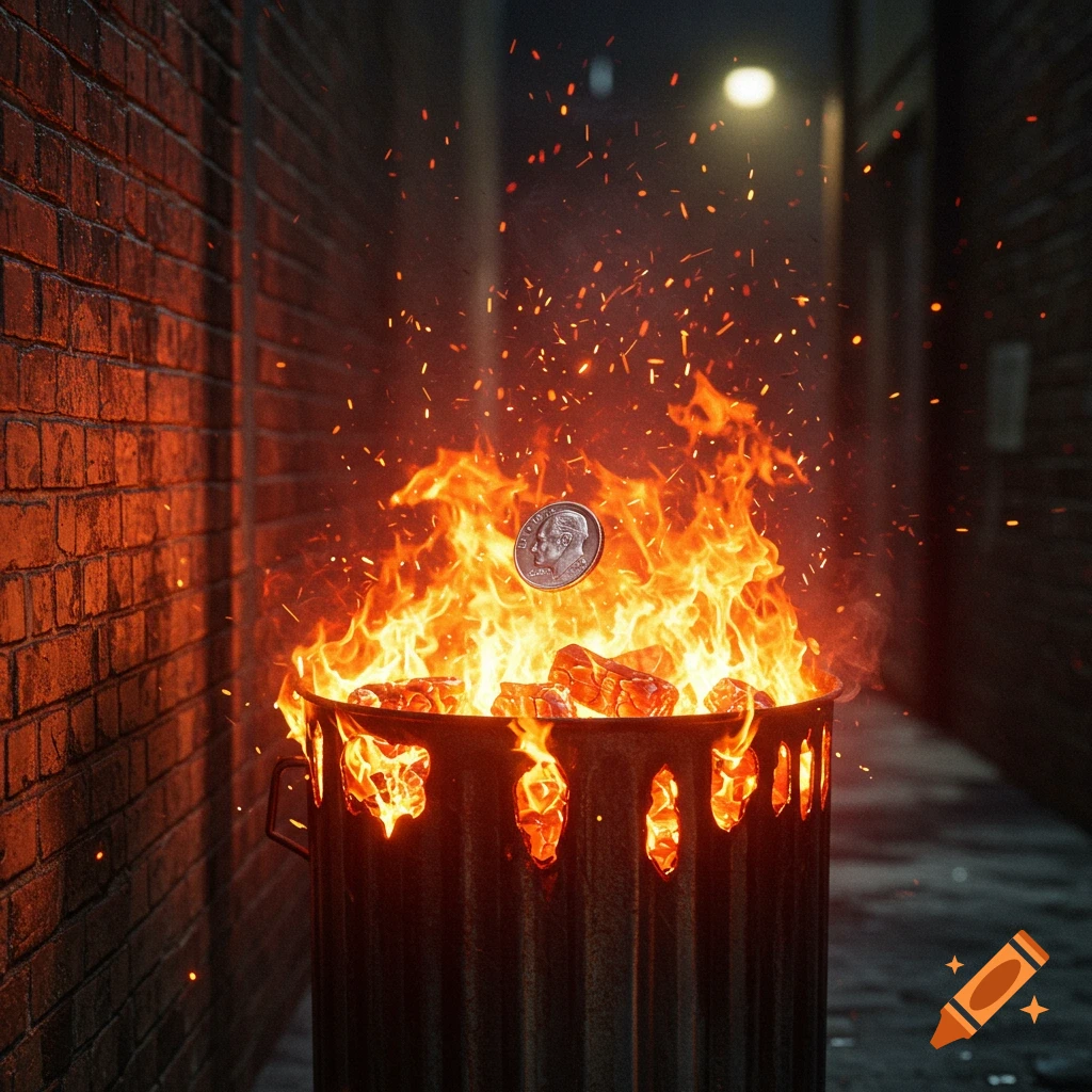 A photorealistic image shows a dime floating above a large, vibrant fire burning inside a trashcan in a dark alley.