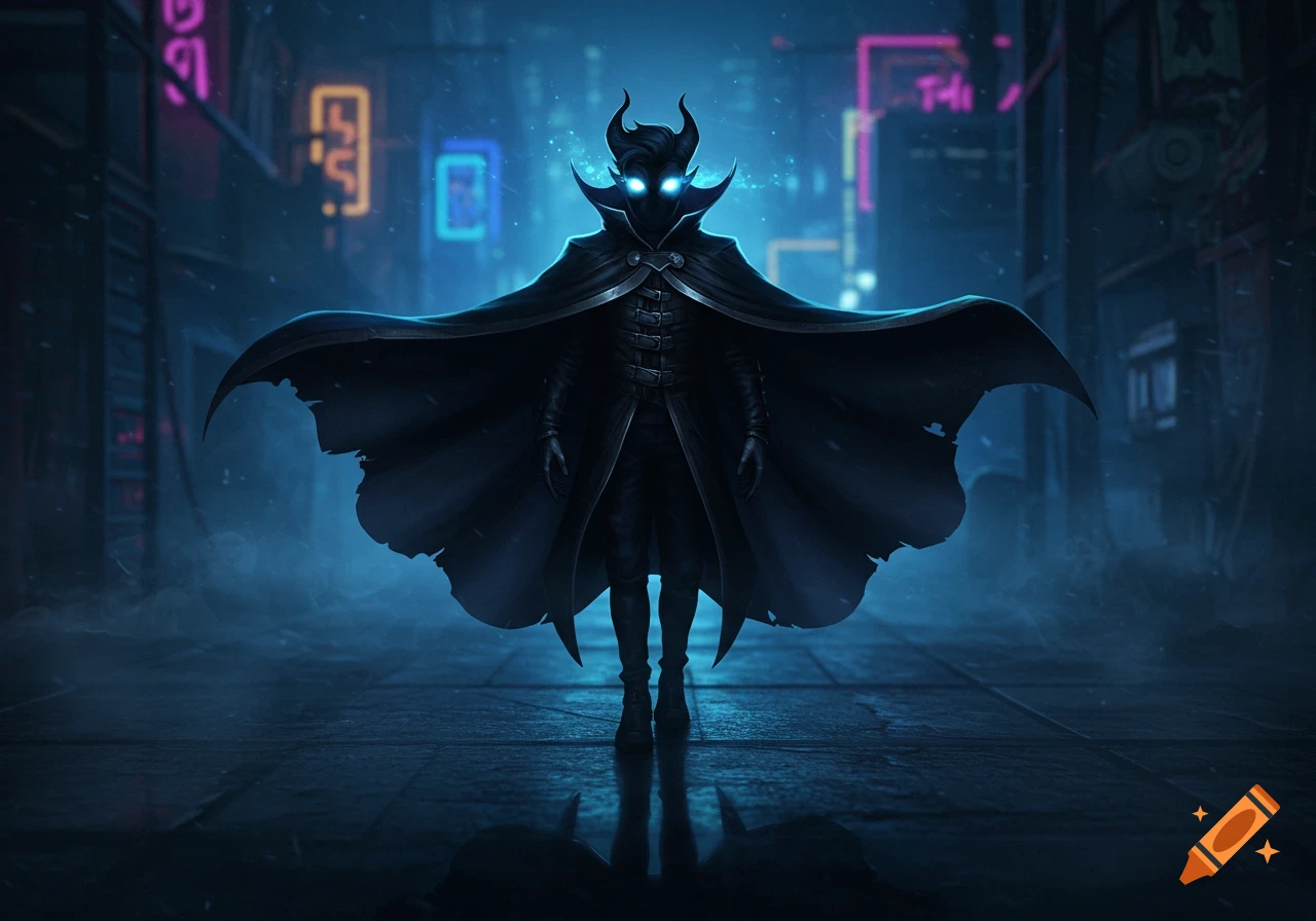 A dark, horned figure with glowing blue eyes and a wide, tattered black cape stands in a foggy, neon-lit cyberpunk alley.