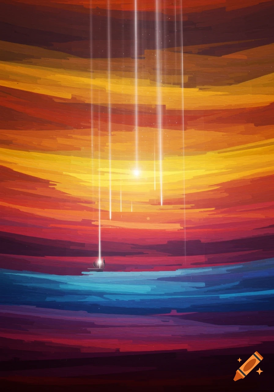 Vibrant abstract layered landscape with warm colors blending to cool, illuminated by descending light beams, one shining on a small boat with a figure.