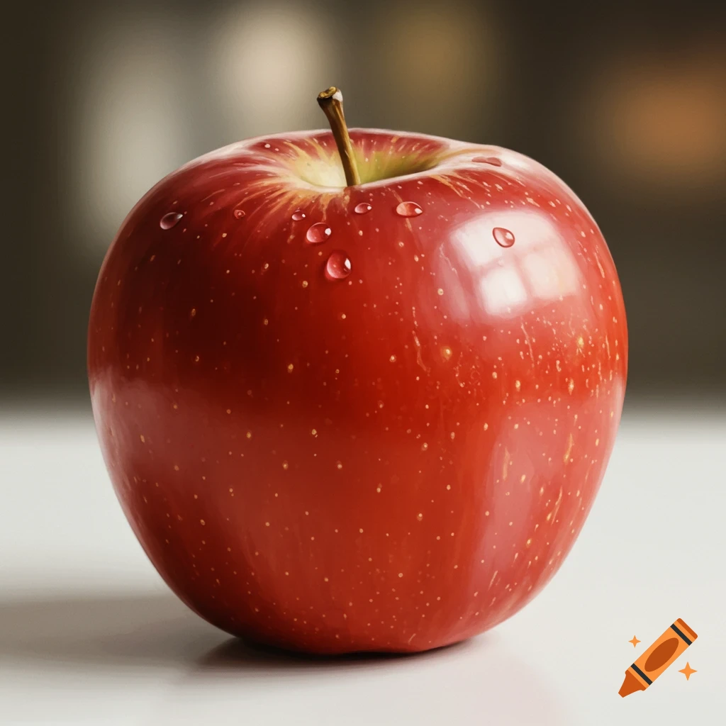 Close-up, photorealistic image of a vibrant red apple with water droplets on a blurred background.