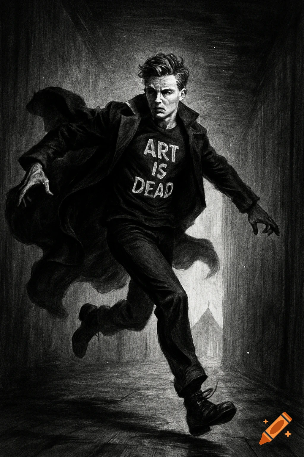 Black and white illustration of a man in a trench coat and "ART IS DEAD" shirt running through a dark, eerie corridor.