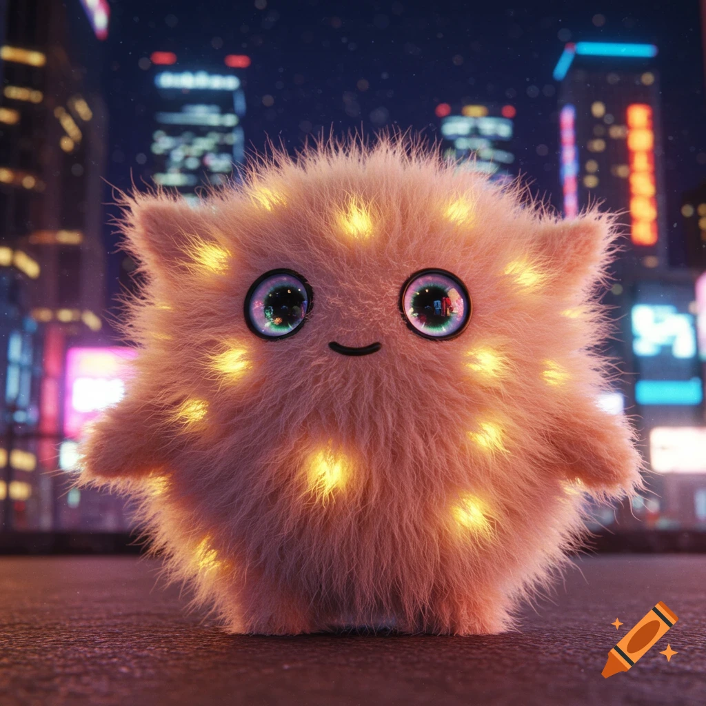 A cute, fluffy, glowing pink creature with large eyes stands in a futuristic city at night, with neon lights in the background.