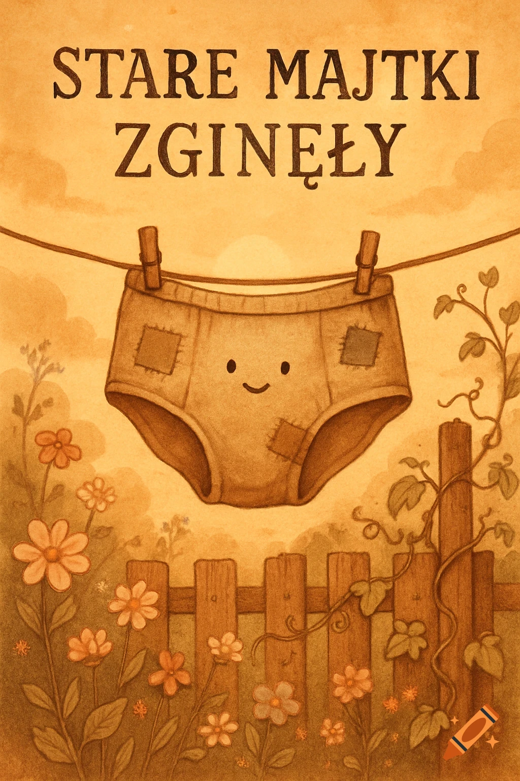 Whimsical sepia illustration of smiling patched underwear on a clothesline in a sunny garden. Text: 'STARE MAJTKI ZGINĘŁY'.