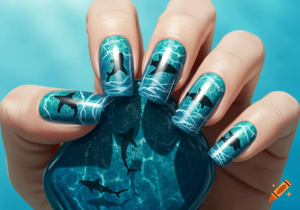Hand with aqua blue glitter nail art featuring black shark silhouettes and white waves, holding a matching nail polish bottle.