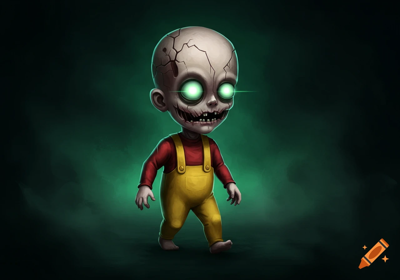 Creepy cartoon zombie baby with cracked skin, glowing green eyes, and a menacing smile, wearing red and yellow overalls.