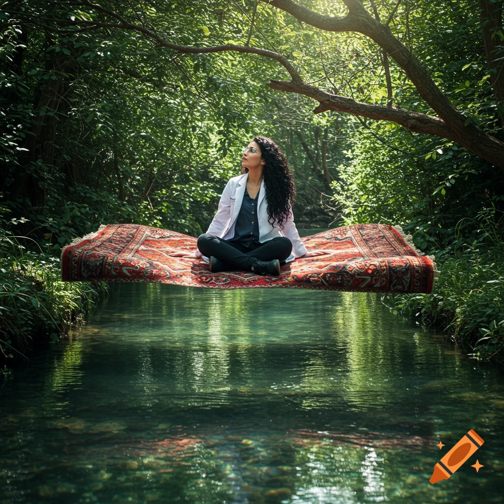 A woman with long curly hair in a lab coat sits on a flying carpet over a clear stream in a lush green forest.