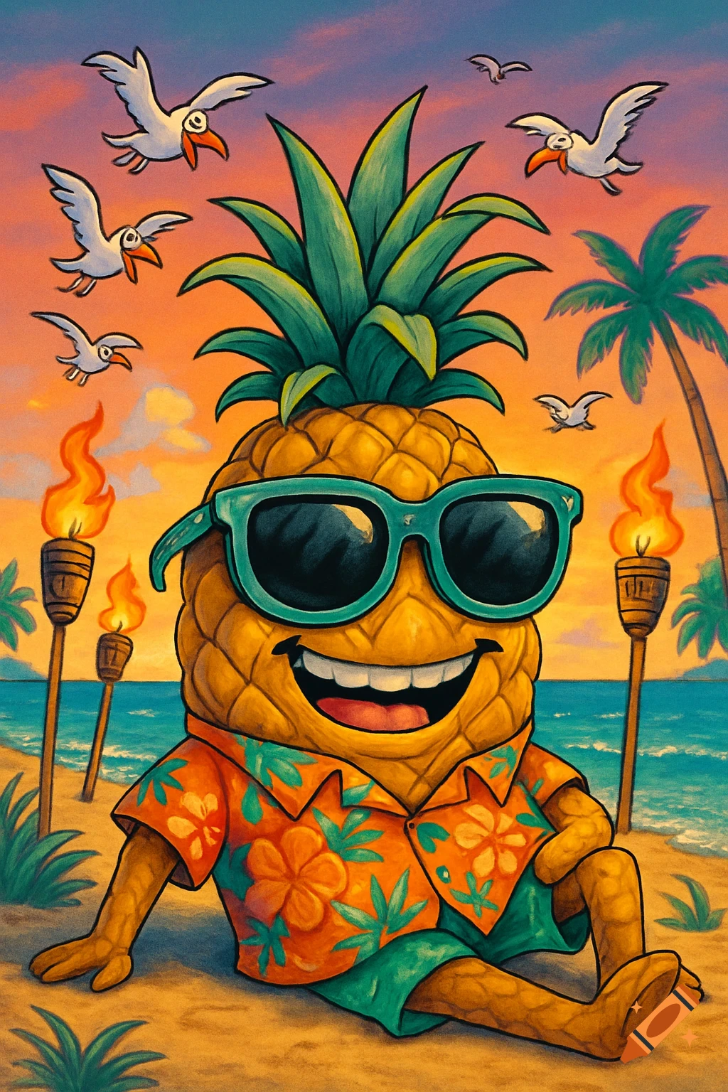 A cheerful cartoon pineapple in sunglasses and Hawaiian shirt sits on a beach with tiki torches, birds, and a sunset sky.