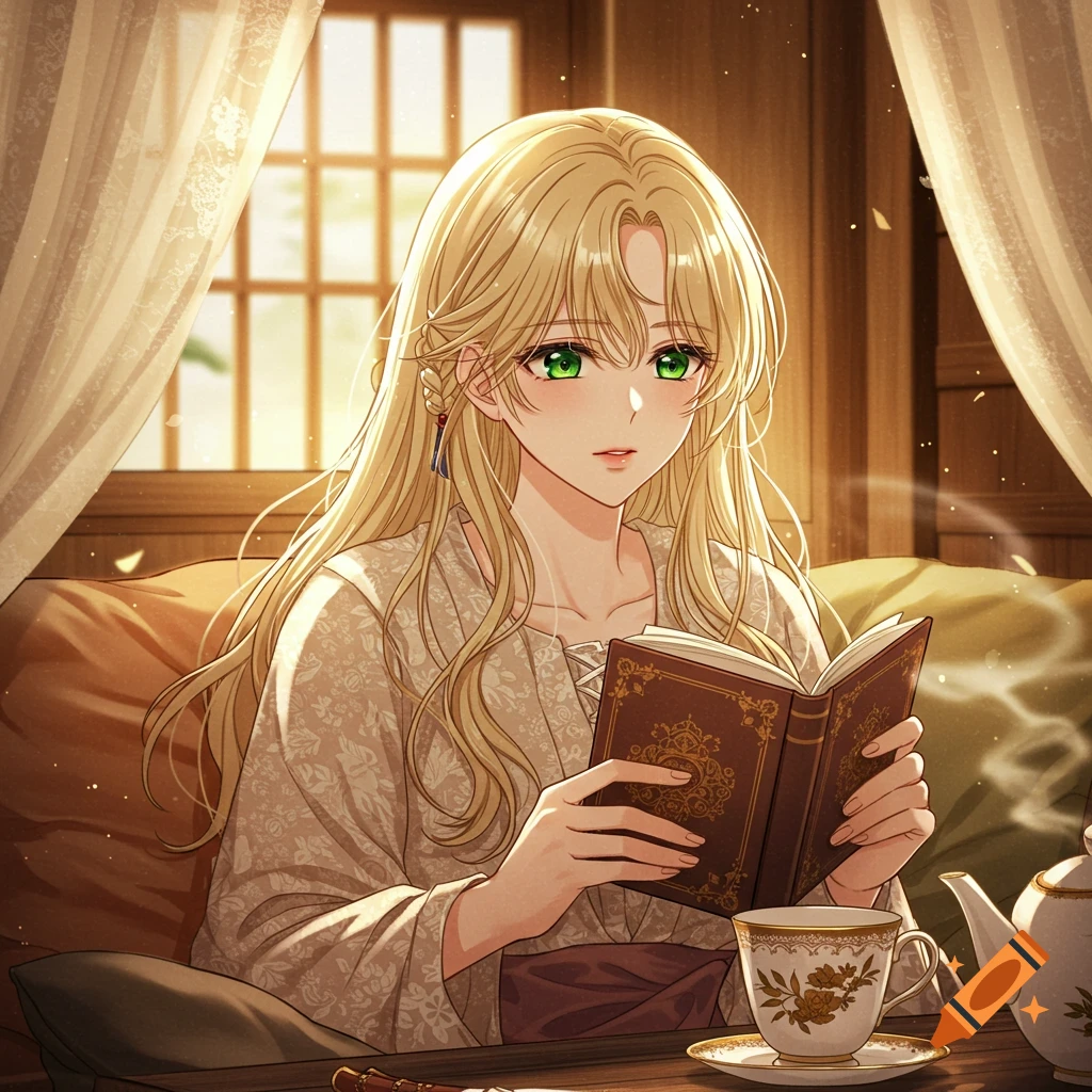 A blonde, green-eyed anime woman reads a book while drinking tea in a cozy, sunlit room.
