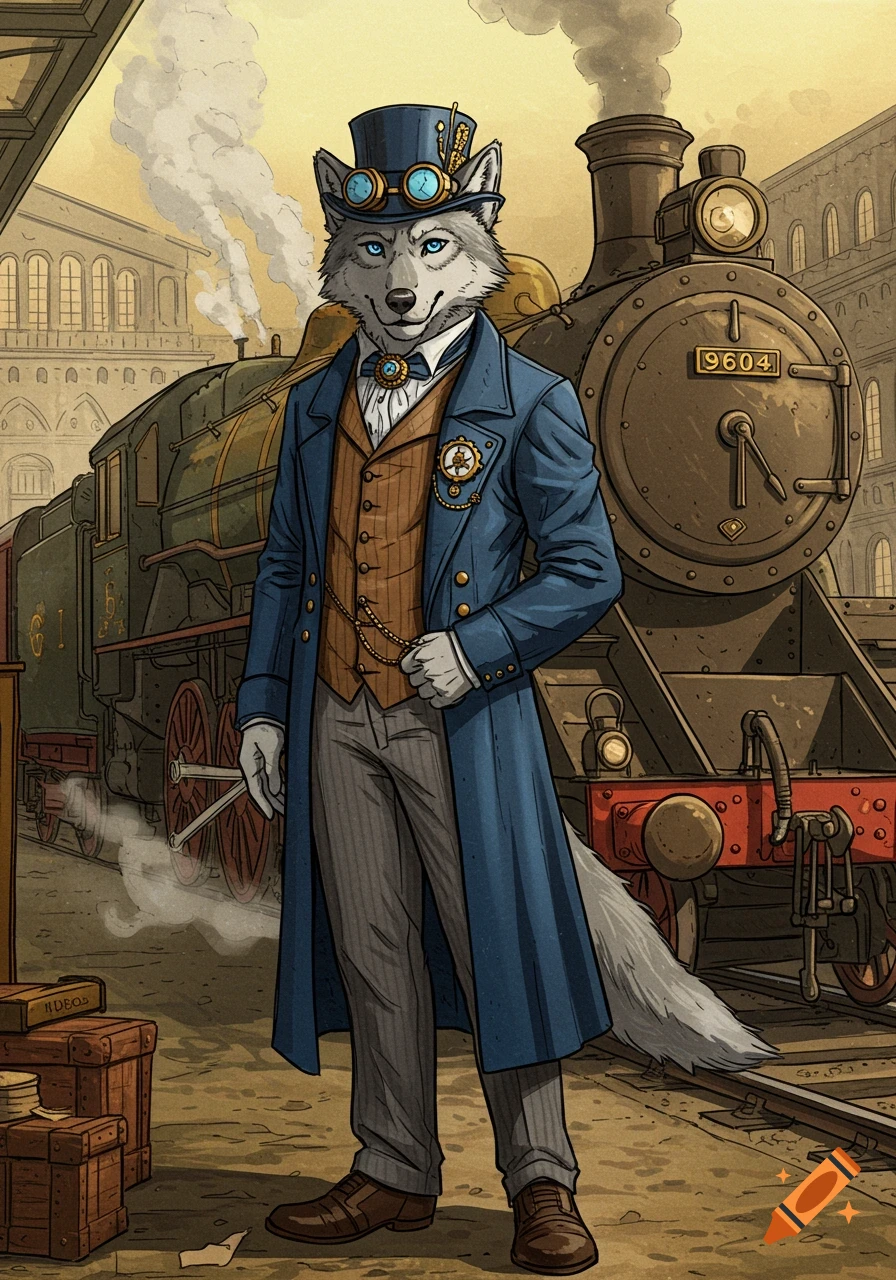 A gray and blue anthropomorphic wolf dressed in steampunk attire, including a top hat with goggles and a blue trench coat, stands next to a large steam locomotive at a station in an illustration.
