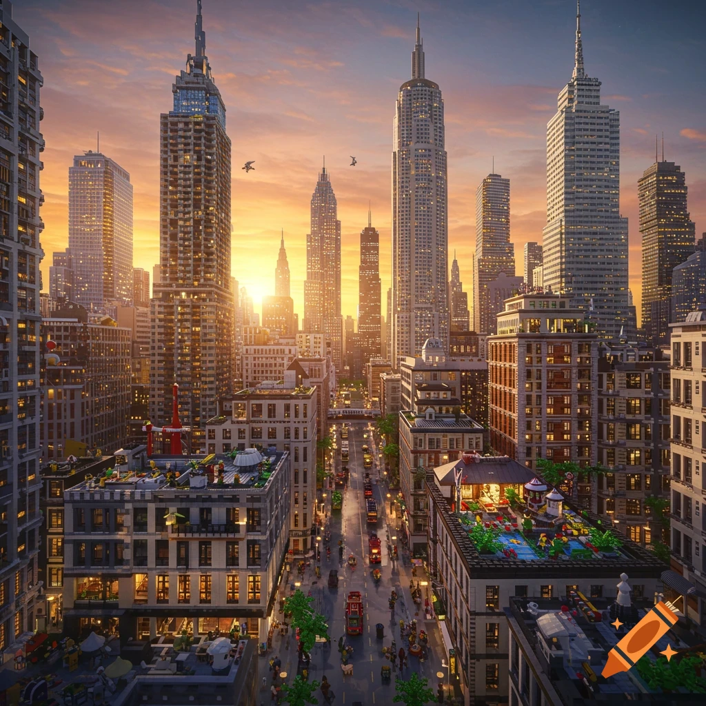 A bustling Lego cityscape at sunset with towering buildings, crowded streets, and vehicles.
